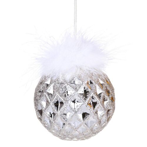 Natale - Palla a rombi  in vetro con piume da appendere