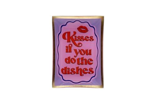 Gift Company - Vassoio decorativo rettangolare in Vetro “Kisses If You Do The Dishes” – Rosa/Viola