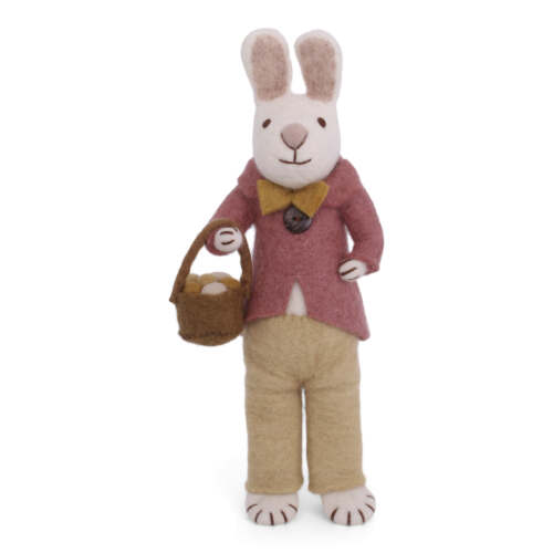 Gry & Sif Handcrafted Uniques - Coniglietto Bianco Medio con Giacca Rosa e pantaloni gialli – 27 cm