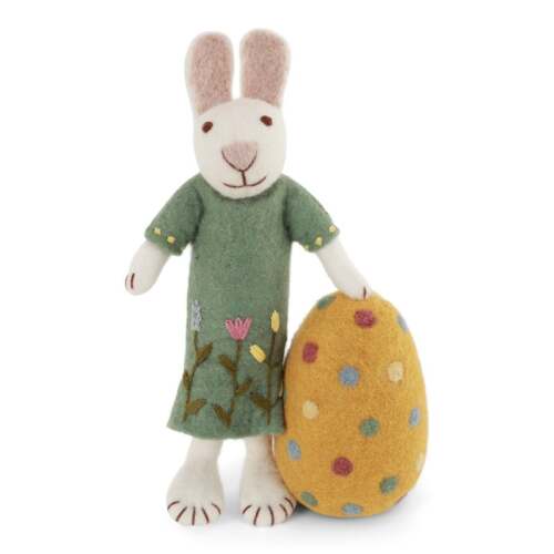 Gry & Sif Handcrafted Uniques - Coniglietta Bianco Medio con Vestito Verde e Uovo Grande – 27 cm