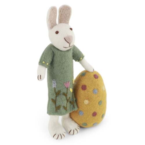 Alternative view of Gry & Sif Handcrafted Uniques - Coniglietta Bianco Medio con Vestito Verde e Uovo Grande – 27 cm