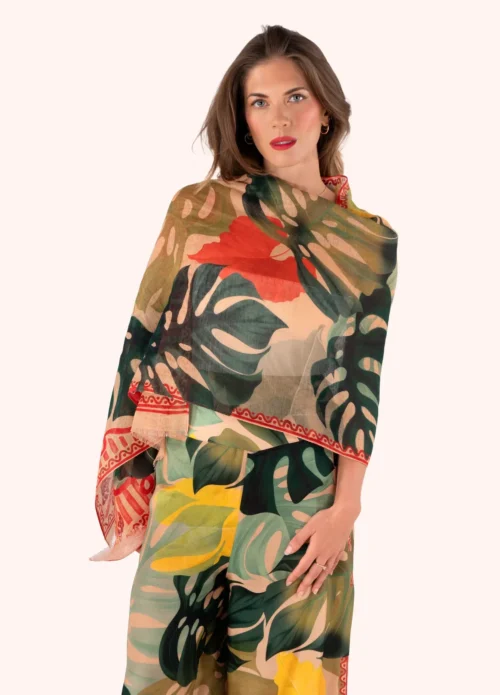 Powder - Sciarpa Rettangolare Donna in Lino “Powder Exotic Leaves” – Rosso, Beige e Verde