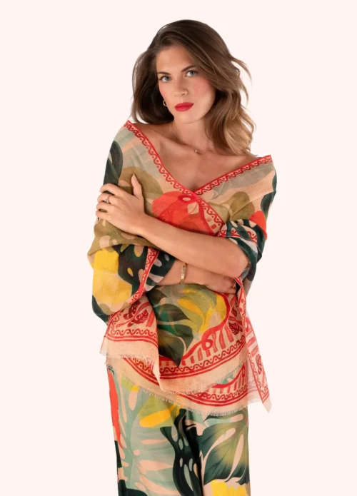 Alternative view of Powder - Sciarpa Rettangolare Donna in Lino “Powder Exotic Leaves” – Rosso, Beige e Verde