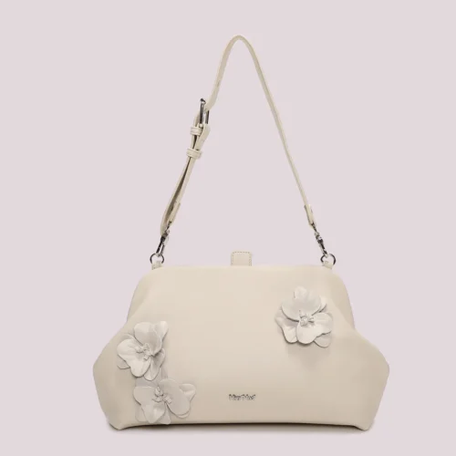 Mimi Muà - Borsa a Bauletto con Fiori in Ecopelle - Panna