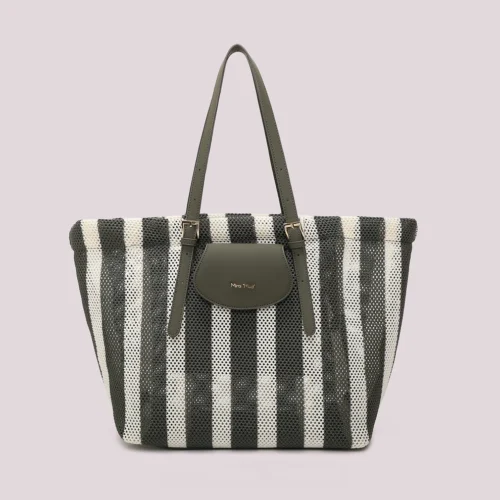 Mimi Muà - Borsa a Spalla in Rete a Righe - Verde/Panna