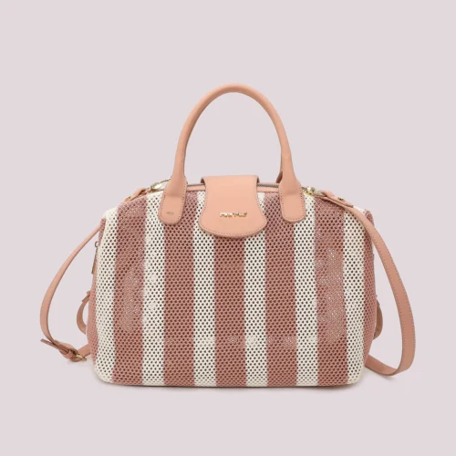 Mimi Muà - Borsa a Bauletto in Rete a Righe - Rosa/Panna