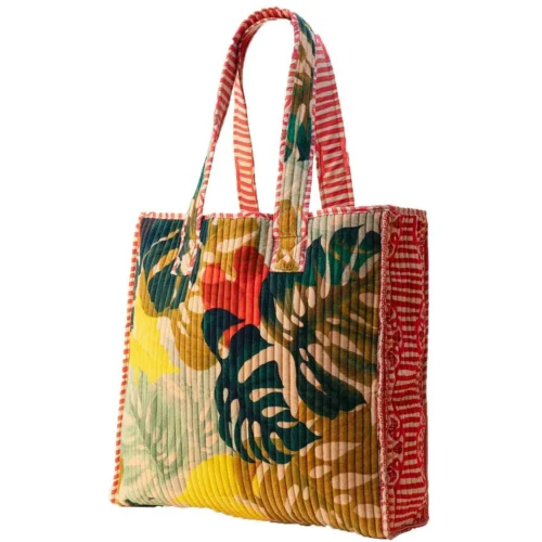 Powder -  Borsa Shopper Donna in Velluto Trapuntato “Powder Exotic Leaves” – Beige, Rosso e Verde