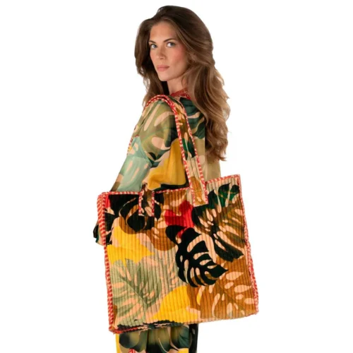 Alternative view of Powder -  Borsa Shopper Donna in Velluto Trapuntato “Powder Exotic Leaves” – Beige, Rosso e Verde
